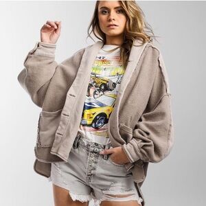 Free People‎ Jordan Oversized V-Neck Button Down Shirt Jacket L Boho Cottagecore